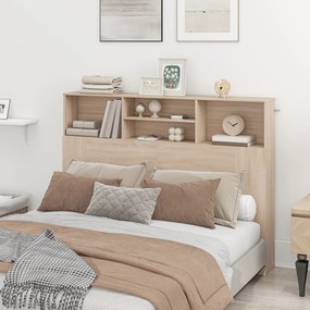 Cabeceira de cama com pés e arrumação, acessório de cama com 4 compartimentos abertos, 140 x 19 x 103,5 cm, efeito de madeira natural