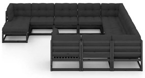 12 pcs conjunto longue jardim c/ almofadões pinho maciço preto