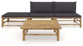 4 pcs conj. lounge jardim em bambu c/ almofadões cinza-escuro