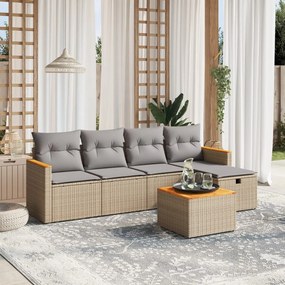 6 pcs conj. sofás jardim c/ almofadões vime PE bege misturado