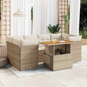 7 pcs conjunto de sofás p/ jardim com almofadões vime PE bege