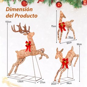 Conjunto de 3 renas de Natal iluminadas com 255 luzes de Natal brancas quentes para decoração dourado