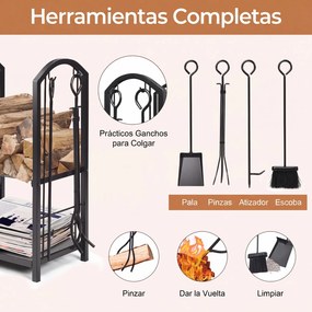 Conjunto de Suporte para Lenha e 4 Utensílios de Lareira, 44 x 30 x 74 cm, 2 Níveis de Armazenamento, Preto
