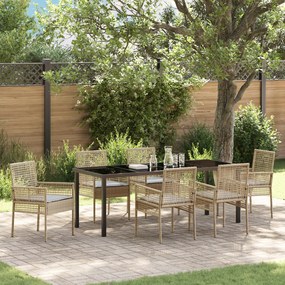 vidaXL Conjunto de Jantar de 7 Peças com Almofadas Bege de Rattan de Polipropileno