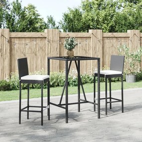 vidaXL 3 pcs conjunto de bar para jardim c/ almofadões vime PE preto