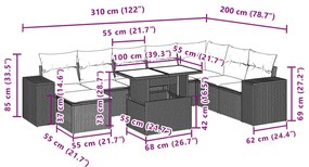 9 pcs conjunto sofás p/ jardim com almofadões vime PE cinzento