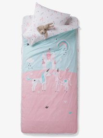 Agora -30€: Conjunto pronto-a-dormir com edredon, tema Unicórnios mágicos rosa claro liso com motivo