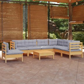 8 pcs conjunto lounge de jardim + almofadões cinza pinho maciço