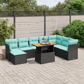 9 pcs conjunto de sofás p/ jardim c/ almofadões vime PE preto