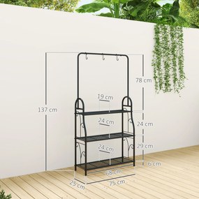 Suporte para Plantas de 3 Níveis Suporte para Vasos de Plantas com Ganchos de Metal Barra para Pendurar 75x25x137 cm Preto