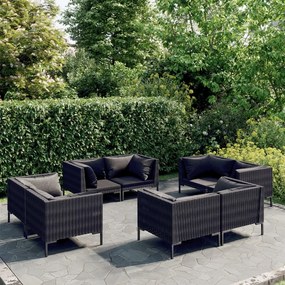 vidaXL 8 pcs conj. lounge jardim c/ almofadões vime PE cinzento-escuro
