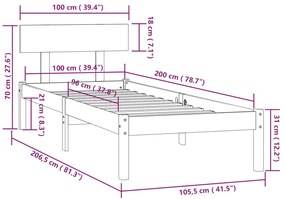 Estrutura de cama 100x200 cm pinho maciço preto