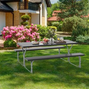 Conjunto jardim de 2 bancos e mesa para 8 pessoas com estrutura metálica Buraco para guarda-sol Preto