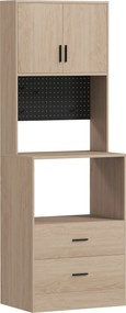 HOMCOM Móvel para micro-ondas, buffet, 2 gavetas, 2 portas, bancada, prateleira ajustável, painel perfurado, 4 ganchos, natural | Aosom Portugal