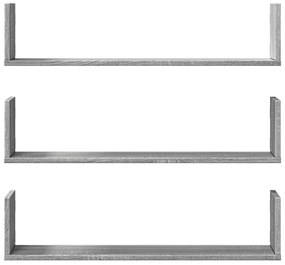 Prateleiras de parede 3 pcs derivados madeira cinzento sonoma