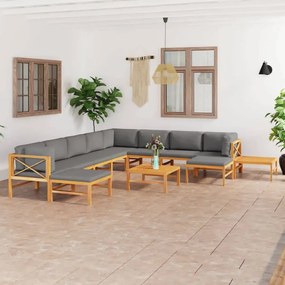 vidaXL 12 pcs conj. lounge jardim c/ almofadões cinzentos teca maciça