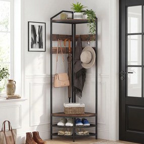 Móvel de entrada de canto 47 L x 47 P x 180 A cm, com 4 níveis, espaço para guardar sapatos, 8 ganchos amovíveis, 2 prateleiras, castanho rústico