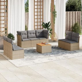 8 pcs conj. sofás jardim c/ almofadões vime PE bege misturado