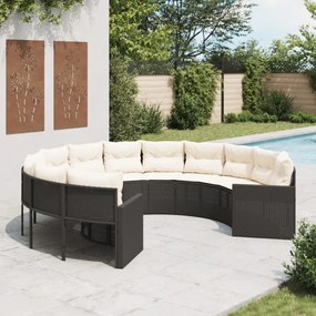 vidaXL Sofá de jardim com almofadões redondo vime PE preto