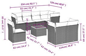 9 pcs conjunto de sofás p/ jardim com almofadões vime PE bege