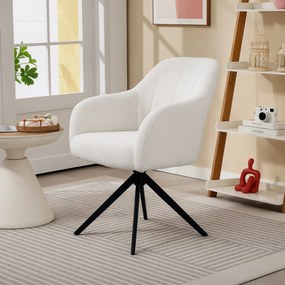Poltrona de sala giratória, banco toucador estofada e de grande conforto, com base em aço e tecido com efeito de pelúcia branca