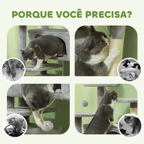 Arranhador para Gatos com Postes de Sisal Plataformas Cavernas Bolas Pendentes e Redes 49x49x138 cm Cinza Claro