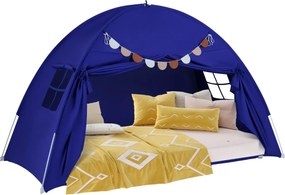 Tenda dobrável e portátil brincar para crianças 201 x 100 x 122 cm com 2 janelas e bandeiras para beliches duplos azul