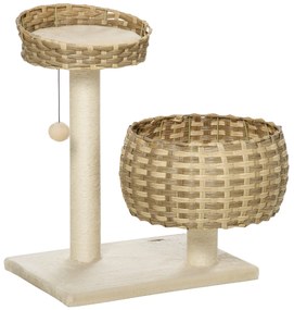 Árvore para Gatos Médios com Cama Superior Cesto de Vime Sintético com Almofadas Postes Arranhadores de Sisal Natural e Bola Suspensa de Brinquedo 54x