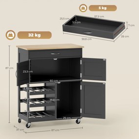 Carrinho de Cozinha com Rodas 2 Armários de Arrumação Gaveta e 3 Prateleiras Abertas para 9 Garrafas 67x37x87 cm Preto