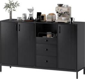 Aparador com 3 Portas e 3 Gavetas Prateleiras Ajustáveis para Cozinha, Entrada Sala de Jantar Quarto 143,5x40x90 cm Preto