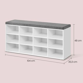 Banco sapateira com espaço de arrumação 12 compartimentos 30,3 x 104 x 48 cm branco clássico