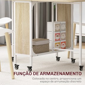 Mesa de Cozinha Dobrável Mesa de Refeição Dobrável com Rodas Laterais Abatíveis e Prateleira 130x80x74 cm Madeira e Branco
