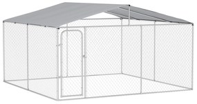 PawHut Canil de Exterior 4x4x2,3 cm com Toldo Anti-UV Recinto para Cães com Porta com Trava e Estrutura de Metal  Prata | Aosom Portugal