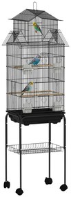 Gaiola de Metal para Pássaros com Bandeja Amovível Rodas 4 Comedouros 3 Poleiros e 1 Baloiço 50,5x41x163 cm Preto