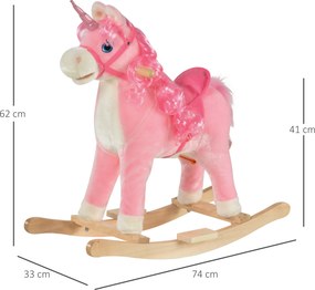 Cavalo de baloiço modelo Unicórnio com sons autênticos, sela de grande conforto, madeira de álamo rosa