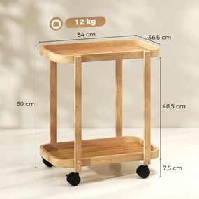 Carrinho de Cozinha de Bambu de 2 Níveis Carrinho Auxiliar para Cozinha com Rodas 2 Prateleiras 54x36,5x60 cm Madeira