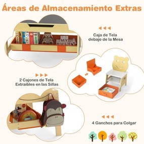 Conjunto Mesa e 2 cadeiras infantis 5 em 1 com tampo reversível preto e branco com Detalhe Curvo, 4 ganchos, compartimentos e recipientes natural