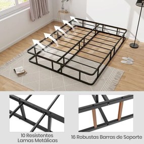 Estrutura metálica para cama de casal 140x200 cm (COLCHÃO NÃO INLUIDO) com 16 barras de suporte, base e pés antiderrapantes em preto