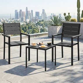 Conjunto de Jardim de 3 Peças com 2 Cadeiras e Mesa de HDPE Design com Ripas Efeito Madeira para Varanda Preto