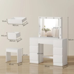 Conjunto de Toucador com Espelho e Banco, 110 x 39,5 x 140 cm, Espelho LED Ajustável, Branco