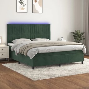 Cama box spring c/ colchão/LED 160x200 cm veludo verde-escuro