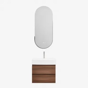 Conjunto De Móvel De Casa De Banho Em Madeira E Chapa De Freixo Com Lavatório Integrado Ona Madeira Escura & Ovalado Led E - Sklum