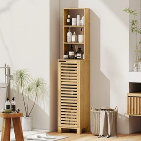 Coluna Casa de Banho de Bambu com 3 Prateleiras Abertas Portas de Ripas Prateleiras Ajustáveis 34x30x170 cm Madeira