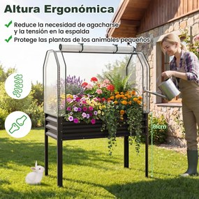 Floreira elevada com estufa 112 x 55 x 152 cm, canteiro de jardim em metal galvanizado com cobertura de proteção e porta enrolável para pátio, terraço