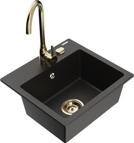 Mexen Milo lava-louça de granito de 1 câmara com torneira de cozinha Telma, preto/dourado - 6505-75-670200-50