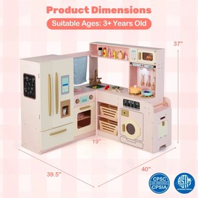 Cozinha infantil canto 102 × 100 × 94 cm com luzes e sons, frigorífico de duas portas, Geleira, micro-ondas e arrumação em madeira para crianças a par