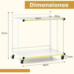Carrinho de arrumação 49 x 35 x 51 cm móvel de 2 níveis com prateleiras abertas e bordas douradas para sala, quarto ou escritório - Branco