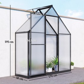 Estufa de jardim em alumínio e policarbonato 170 (L) x 58 (P) x 195 (A) cm, estufa com janela ajustável e porta de batente resistente às intempéries e