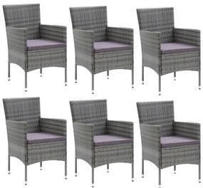 7 pcs conjunto de jantar p/ jardim c/ almofadões vime PE cinza