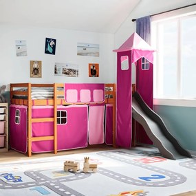 vidaXL Cama alta para criança com torre 80x200 cm pinho maciço rosa